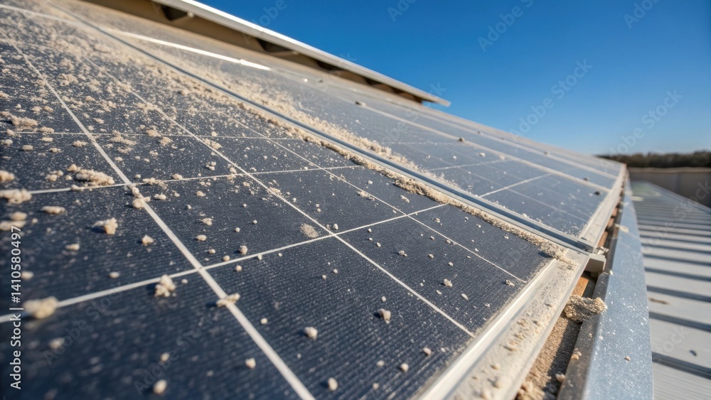 Poster A closeup of a photovoltaic panel covered with a light layer of dust showcasing the need for maintenance in the context of urban development.
