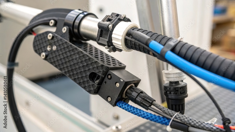 Poster A closeup of a robotic gripper mechanism showcasing its ability to securely handle pipes and cables of different sizes with detailed textures of the gripping surface.