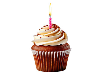 birthday cupcake with candle isolated on transparent background PNG, ai generative image
