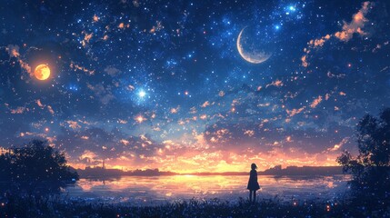 Fototapeta premium Silhouetted figure beneath starry sky with crescent moon at sunset