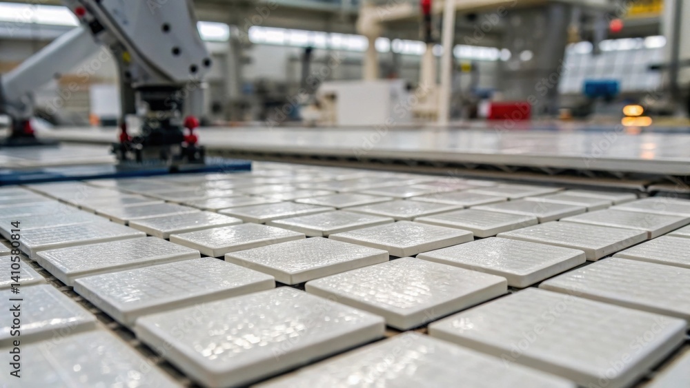 Fototapete A closeup of a set of perfectly aligned tiles showcasing the precision of the robotic installation with reflections and texture detail of each tile.