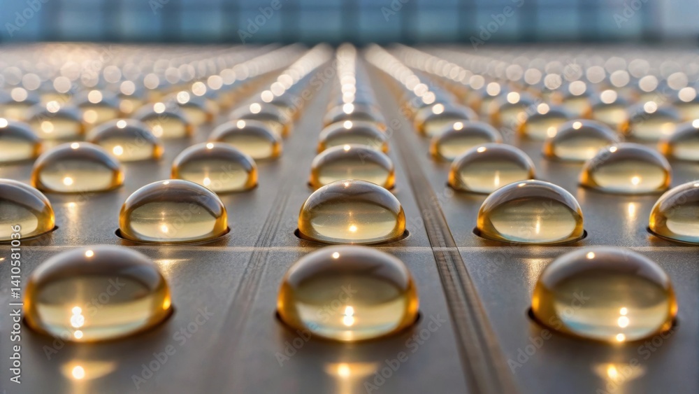Aufkleber A closeup of a transparent polymer coating on a building facade showcasing tiny embedded capsules containing healing agents with light reflecting off the glossy surface.