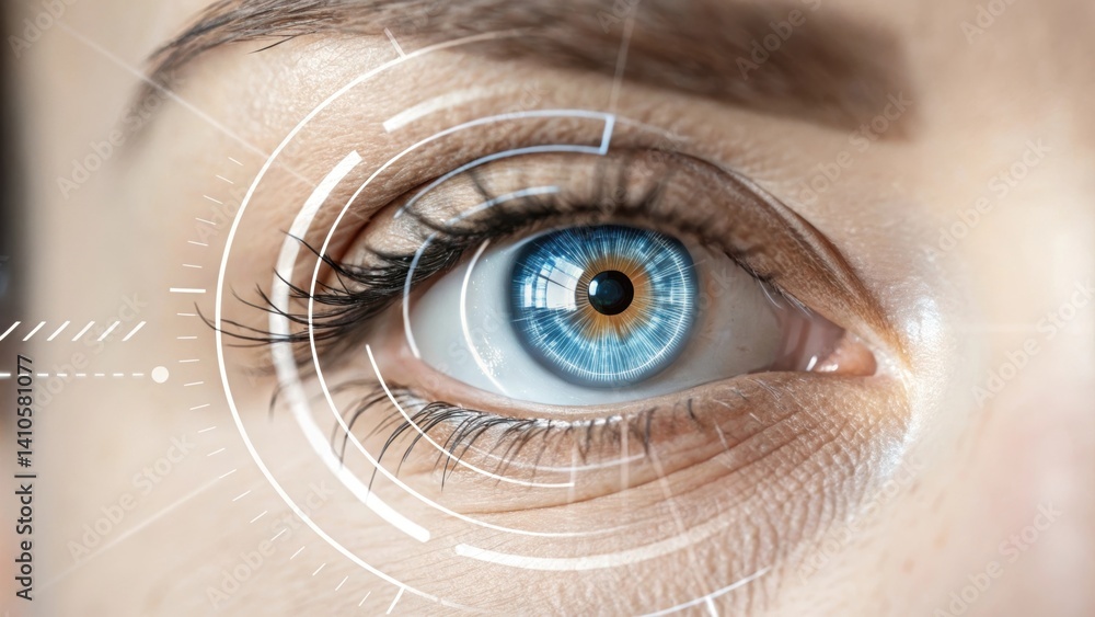 Aufkleber A closeup of a users eye being scanned by an advanced iris recognition system showcasing intricate details of both the eye and the scanning device with a soft focus on the