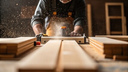 A closeup of a wood alternative being with saw tools capturing dust particles in the air and showcasing precision in handling ecofriendly materials.