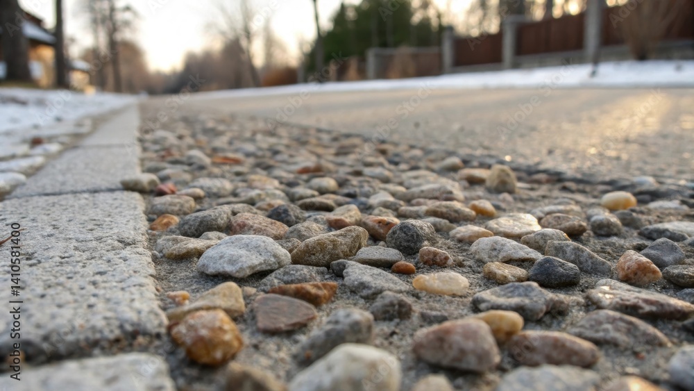Poster A closeup of gravelinfused paving material with small smooth stones capturing light and warmth demonstrating its function in cold weather environments.