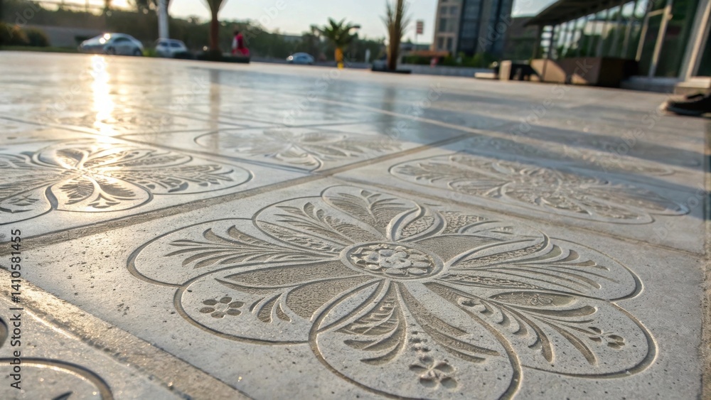 Poster A closeup of intricate patterns etched into transparent concrete demonstrating how decorative techniques can enhance its visual appeal.
