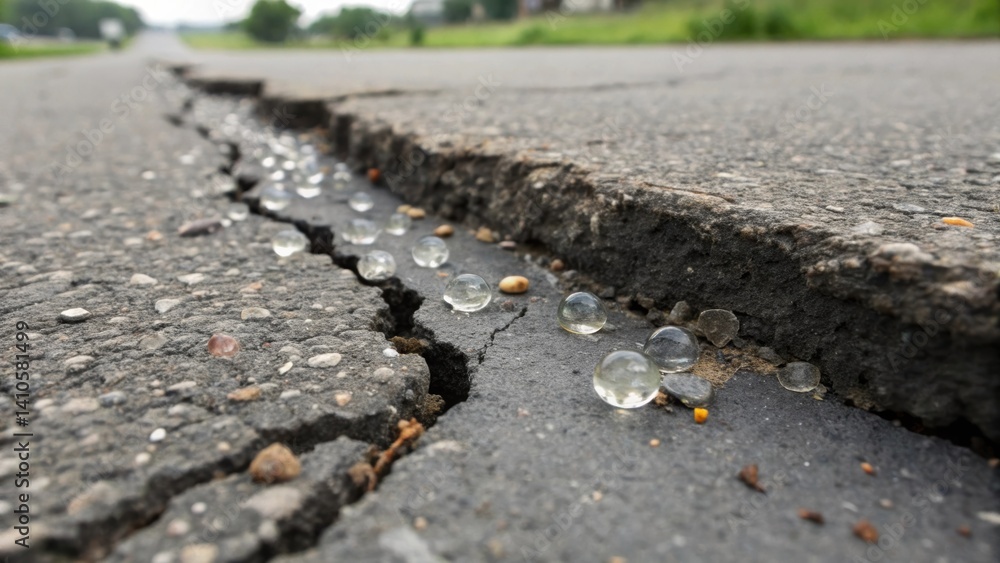 Aufkleber a closeup of microcapsules bursting within a crack in asphalt with the healing agent visibly oozing 