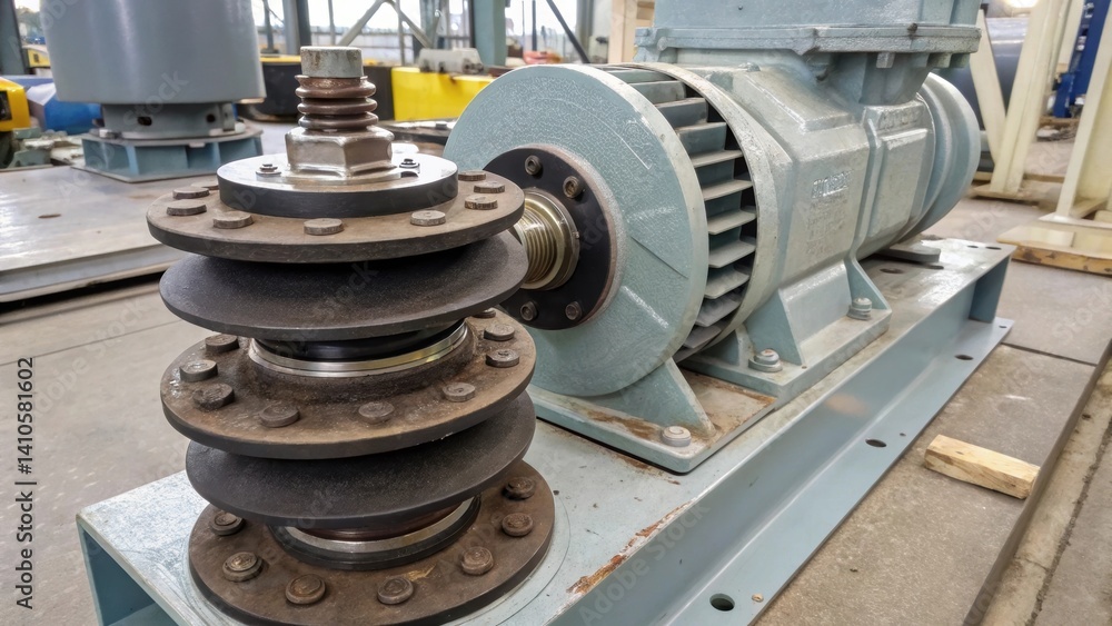 Poster A closeup of reinforced antivibration mounts on a large industrial motor showcasing the multilayered construction and unique shapes that optimize dampening effects.