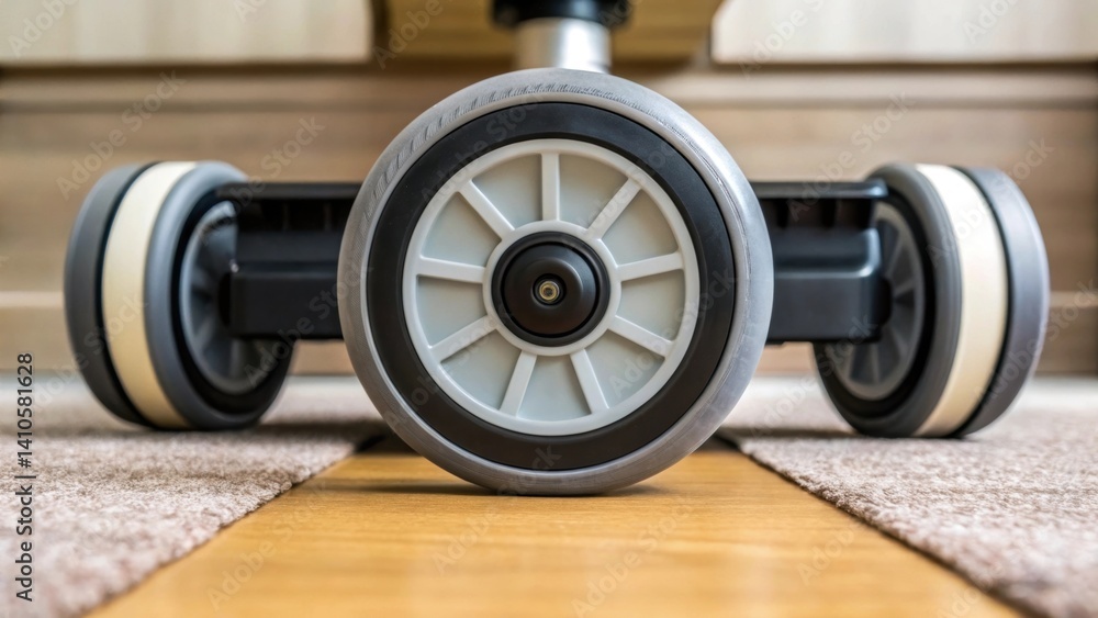 Poster A closeup of robotic wheels maneuvering across different flooring surfaces allowing for effortless repositioning of wall paneling equipment.