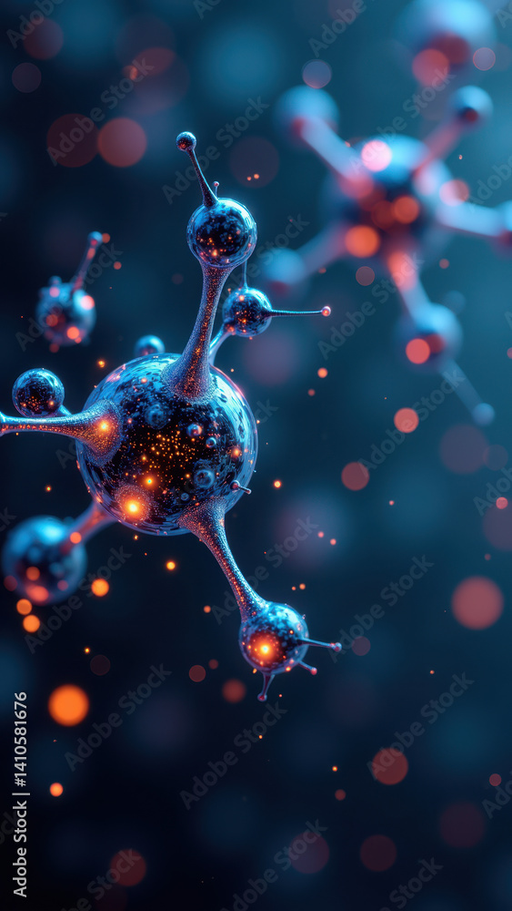 Poster a detailed 3d rendering of a glp-1 molecule with vibrant colors highlighting its structure.