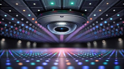 A closeup of sophisticated smart lighting technology embedded in the ceiling utilizing an intricate array of small lenses to create dynamic shifting patterns on a dance floor.