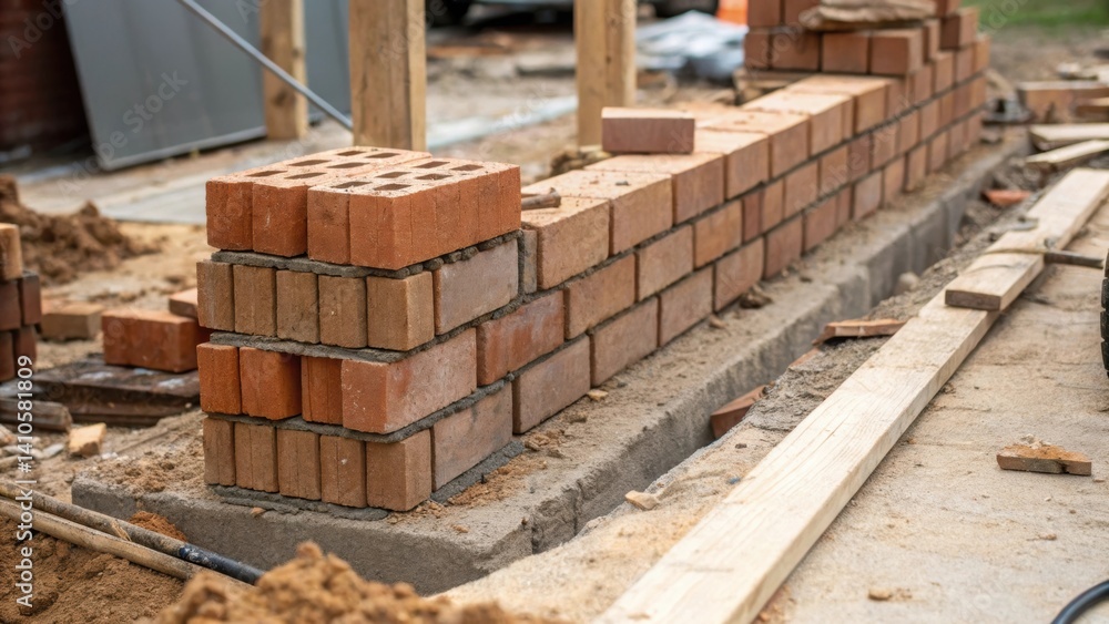 Poster A closeup of the bricks stacking in perfect alignment showcasing the machines proficiency in maintaining uniformity framed with construction debris in the foreground.