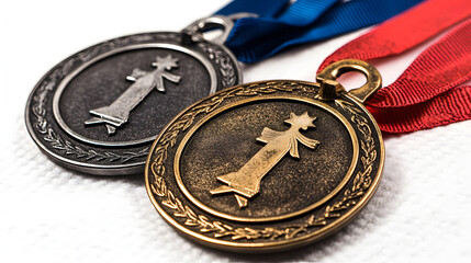 Two medals with ribbons, showcasing a silver and bronze finish, symbolizing achievement and competition.