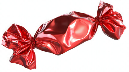 A vibrant red candy wrapper, intricately crumpled with twist ends, radiates a playful and festive mood.