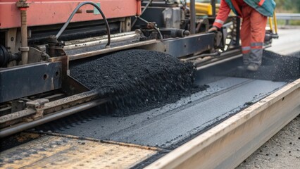A closeup of the conveyor belt mechanism transporting hot asphalt mix to the paving area emphasizing the flow and temperature control during operation.