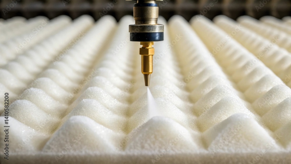 Poster A closeup of the insulation material being dispensed capturing the texture and density of the foam as it exits the nozzle emphasizing its energyefficient properties.