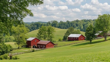 Obraz premium Red barns and green fields on a sunny rural countryside landscape