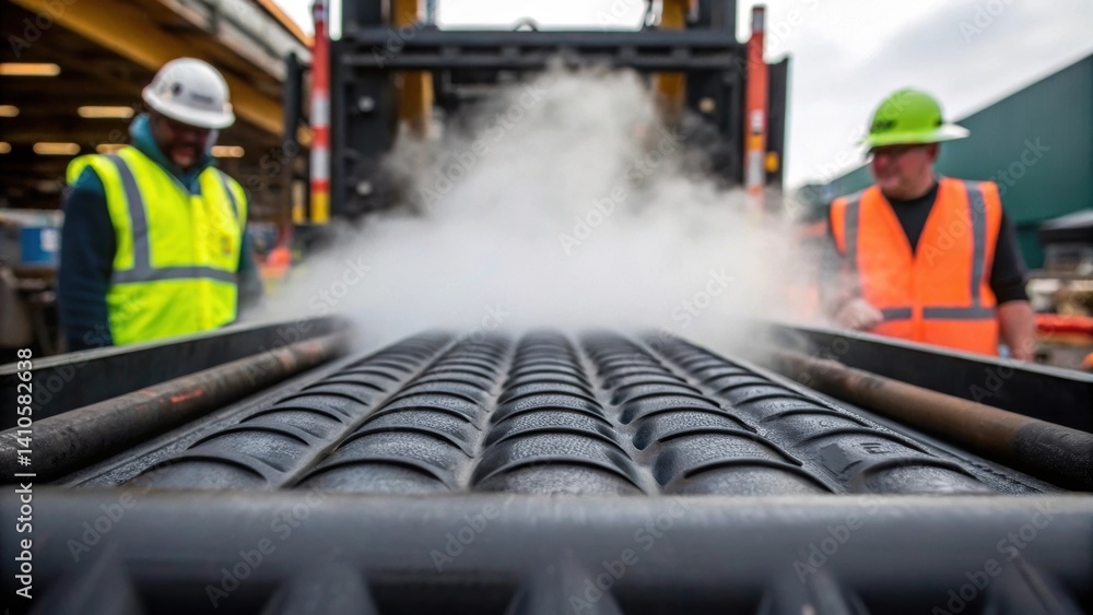 Poster A closeup of the rubber material being processed at a construction site with steam rising and workers monitoring the temperature emphasizing the innovative recycling process.