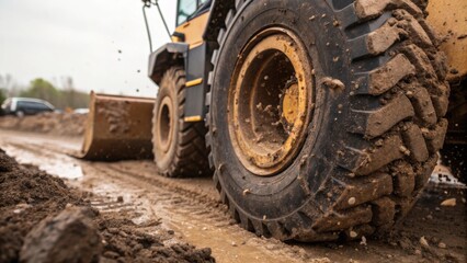 A closeup of the tire of a hybridpowered excavator with mud and debris splattered on the side emphasizing the equipments capability to navigate rough terrains while utilizing