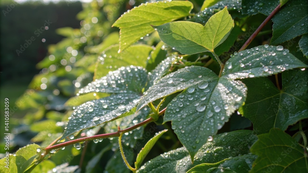 Poster a closeup of water droplets clinging to the leaves of a climbing vine highlighting the interplay of 