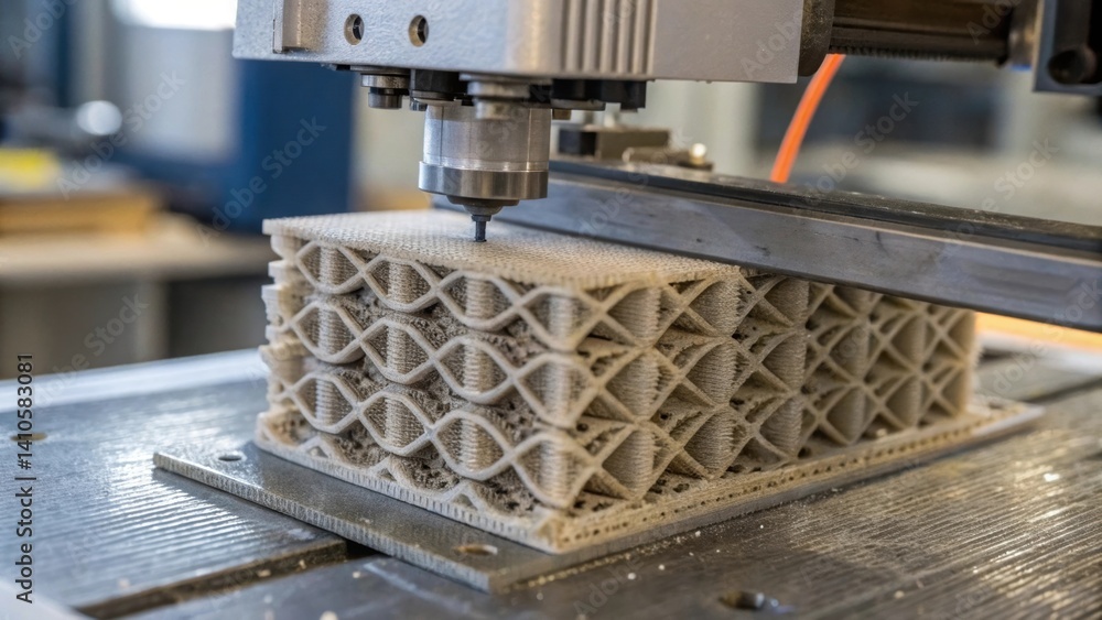 Poster A closeup on a 3Dprinted construction component made from nanoaugmented material displaying intricate layer patterns that optimize strength while minimizing weight.