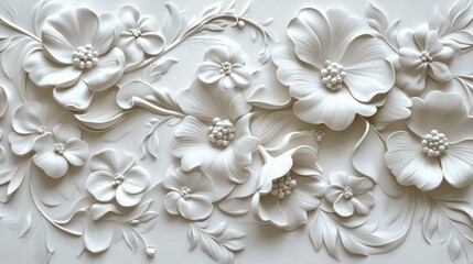 Intricate white floral relief sculpture with detailed petals and leaves