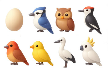 3D icon set of backyard birds: egg, blue jay, owl, woodpecker, crane, finch, canary, cockatoo. 3d icon. icons set of 3d style in a modern design. Isolated