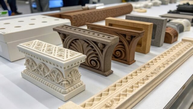 A closeup of various 3Dprinted architectural elements arranged on a table including decorative brackets and customized moldings emphasizing the precision in their design.