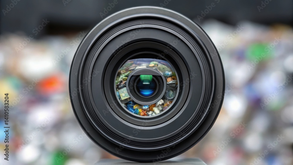 Aufkleber A closeup of waste detection technology featuring a camera lens that captures detailed images of the waste items showing the visual recognition components necessary for intelligent