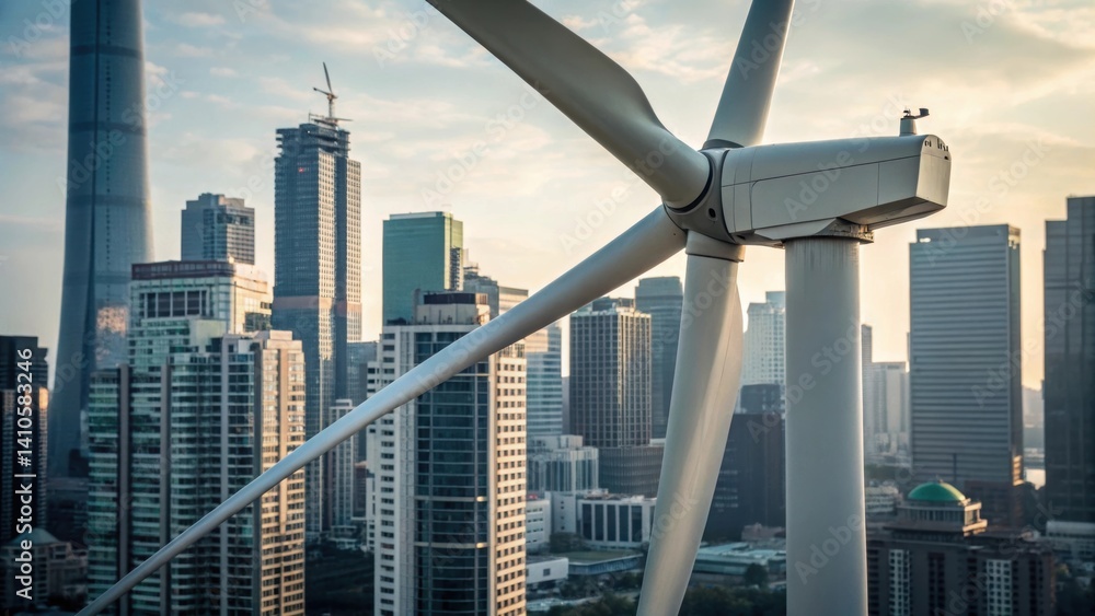Aufkleber a closeup perspective of a wind turbines blades set against the backdrop of an urban skyline with th