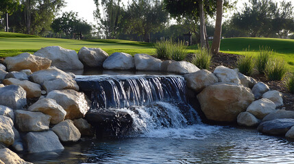 A serene waterfall cascades over smooth stones, surrounded by lush greenery in a peaceful outdoor setting.