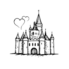 Fototapeta premium whimsical castle illustration with heart in black and white 