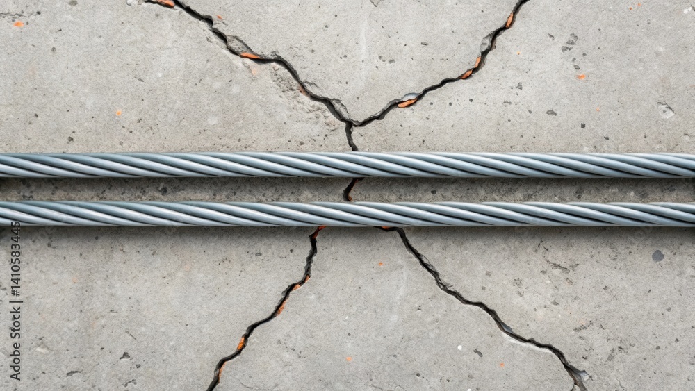Poster A closeup shot of fine cracks in concrete filled with specialized cables capturing the delicate balance between durability and embedded network technologies.