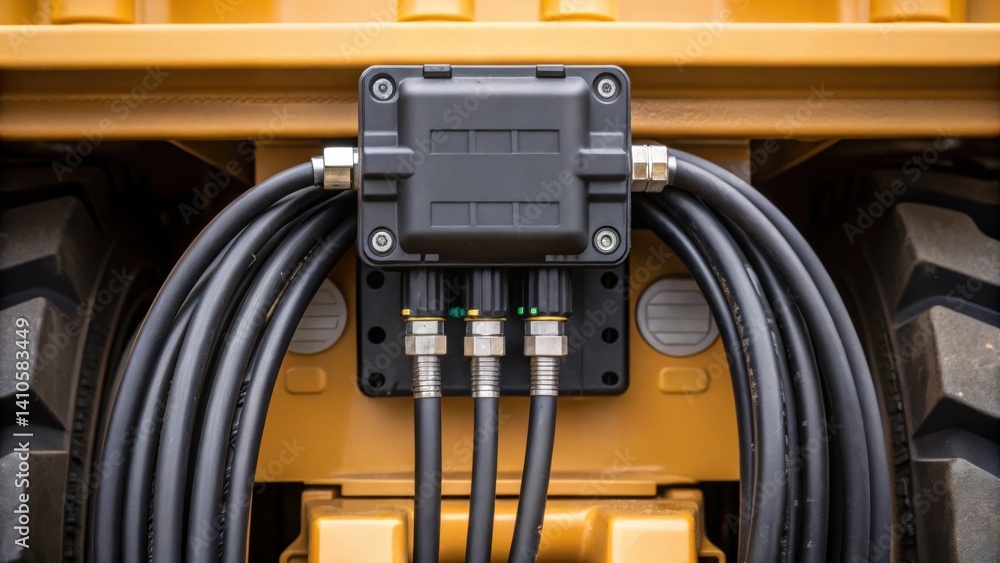 Poster A closeup shot of a vibration sensor attached to heavy machinery with data cables connecting it to a central monitoring system highlighting its rugged exterior.