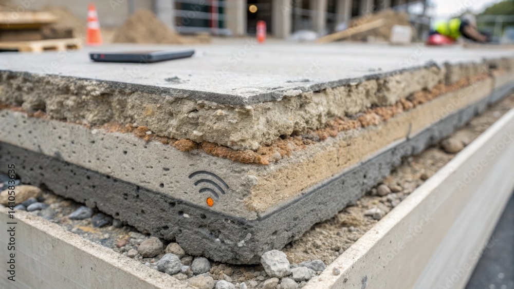 Aufkleber A closeup view of a crosssection of smart concrete displaying layers infused with sensors where the contrast between the solid rough aggregates and the sleek sensors is evident.
