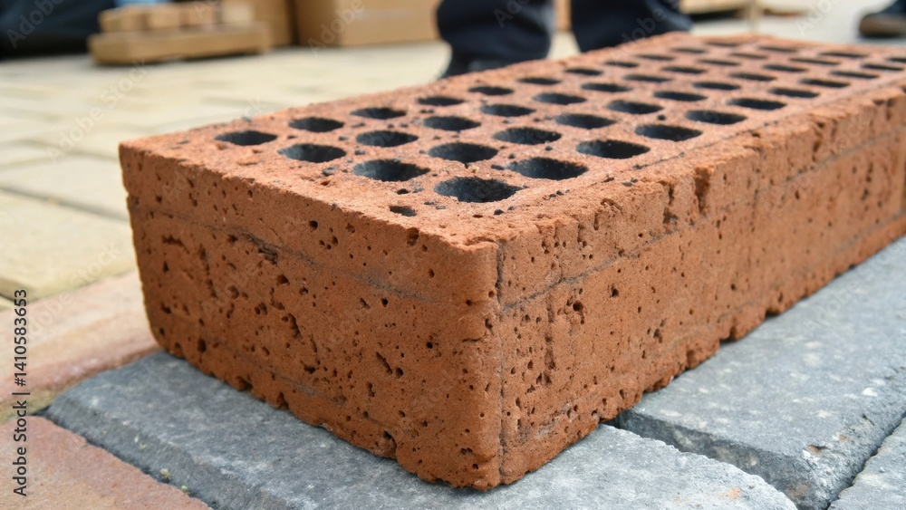 Poster A closeup view of a brick with a porous surface incorporating biochar particles visibly embedded within capturing the innovative blend of sustainability and modern design for