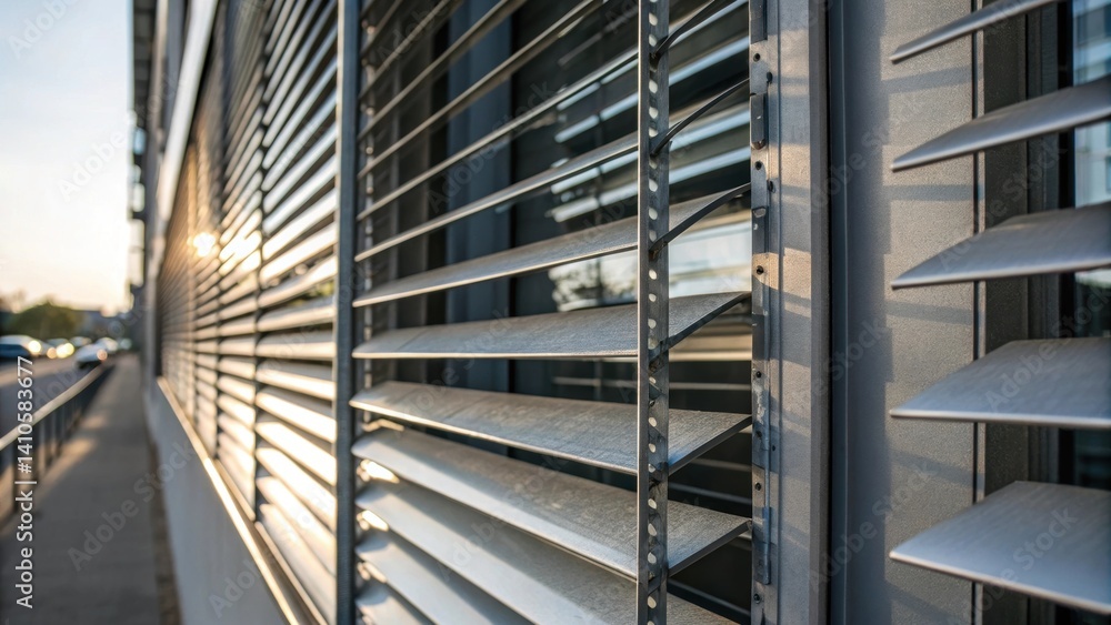 Aufkleber A closeup showing metallic fins that open and close like shutters in response to the time of day creating a dynamic interplay between light and shadow across the facade.
