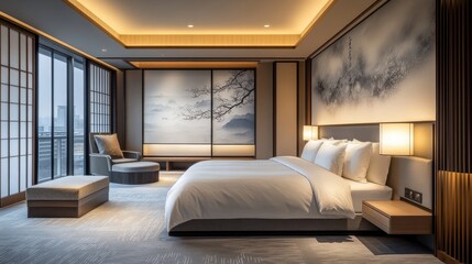 Modern asian-inspired hotel room with minimalist decor and scenic artwork