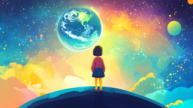 A young girl stands on a hill, gazing at a colorful cosmic scene with Earth in the background, inspiring wonder and imagination.