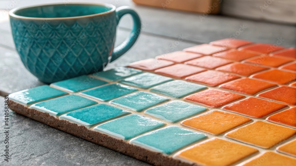 Aufkleber A closeup view of a smart ceramic tile that transitions from turquoise to a warm orange as it responds to a hot beverage p on it emphasizing the textural detail of the tile.