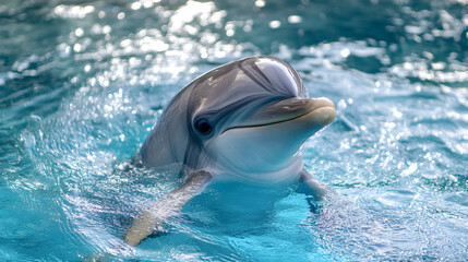 A playful dolphin emerges from the clear blue water, showcasing its sleek body and intelligent expression.