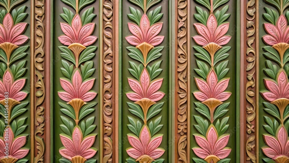 Leinwandbilder a close view of wall panels adorned with botanical motifs showcasing a blend of earthy greens and fl