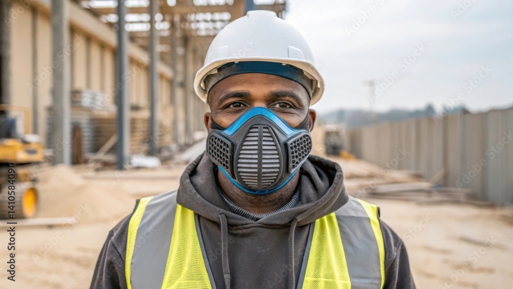 Poster a construction worker wearing a facial mask with builtin cooling elements offering protection from d