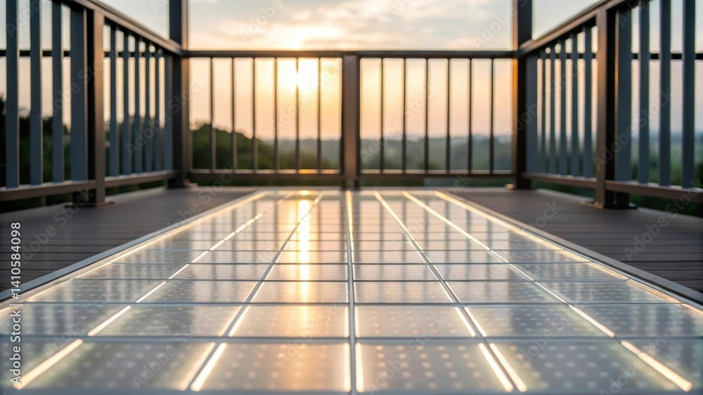 Poster A crisp view of the transparent solar panels in the balcony railing as they catch the early morning light illuminating the balcony floor with a soft glow and emphasizing the
