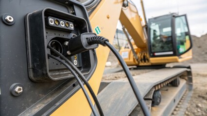 Fototapeta premium A closeup view of the hybrid excavators charging port showing the connection to an electric power source for optimal battery maintenance and energy efficiency.