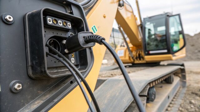 A closeup view of the hybrid excavators charging port showing the connection to an electric power source for optimal battery maintenance and energy efficiency.