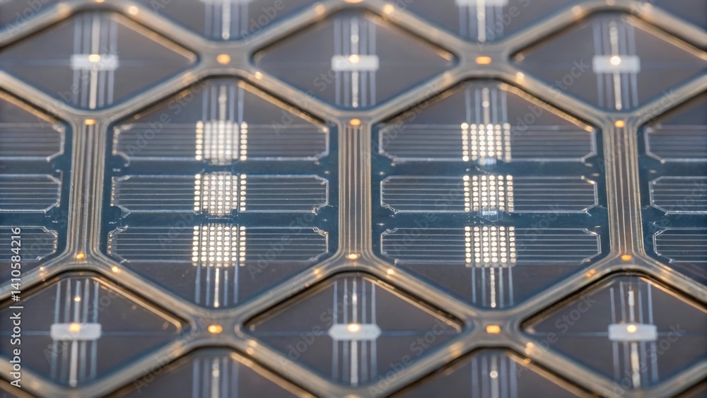 Poster A detailed closeup of the lattice structure of a solarintegrated tile revealing intricate circuitry and small solar cells embedded within transparent surfaces.