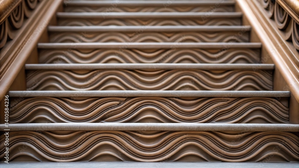 Poster a detailed closeup of a stair railing incorporating an organic flowing design reminiscent of waves f