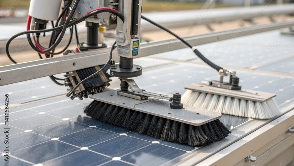 Poster A detailed closeup of the robotic cleaning system attached to a solar panel illustrating the mechanical brushes designed to gently scrub the surface without causing damage.