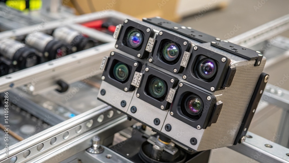 Aufkleber A detailed closeup of the robotic sensor array highlighting the range of cameras and laser scanners used for rebar positioning and alignment.